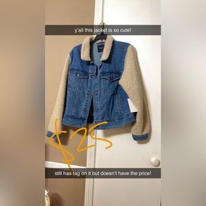 blue jean jacket with sherpa sleeves